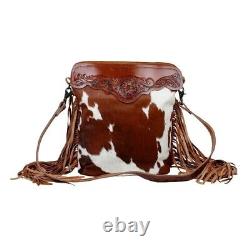 Myra Bag Handmade Cowboy Hand Tooled Bag Upcycled Canvas & Cowhide Leather