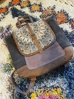 Myra Bag Handmade Daisy Backpack Upcycled Canvas & Cowhide Leather