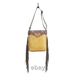 Myra Bag Handmade Drops Hand Tooled Bag Upcycled Canvas & Cowhide Leather