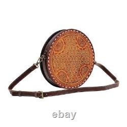 Myra Bag Handmade Lily Bloom Round Bag Upcycled Canvas & Cowhide Leather
