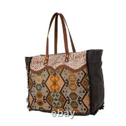 Myra Bag Handmade Seneca Weekender Bag Upcycled Canvas & Cowhide Leather