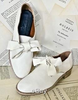NEW Kupuri Hand Made ivory tan Leather Fixed Bow Oxford Flat Shoes 37/6.5
