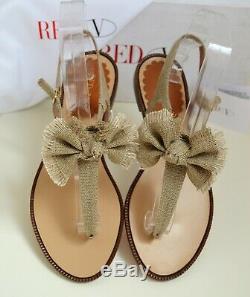 NIB RED VALENTINO Shoes Handmade Bow Italy Flax 38.5 Canvas Flats T-strap Beige
