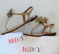NIB RED VALENTINO Shoes Handmade Bow Italy Flax 38.5 Canvas Flats T-strap Beige