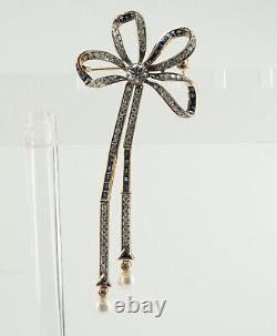 Natural Diamond Sapphire Pearl Brooch Bow Ribbon 18K Gold Vintage