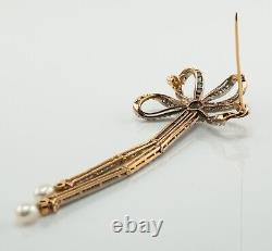 Natural Diamond Sapphire Pearl Brooch Bow Ribbon 18K Gold Vintage
