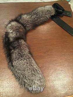 New! Genuine GRAY SILVER FOX FUR STOLE Scarf Wrap Shawl with Black Satin Bow 42X7