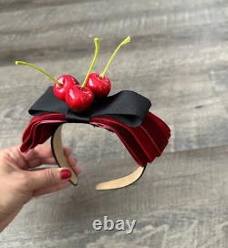 New Handmade Designer Fascinator Headband Cherries Velvet Bow Red Black