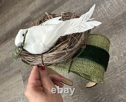 New Handmade Designer Fascinator Headband Green Black Velvet Bow White Bird Nest