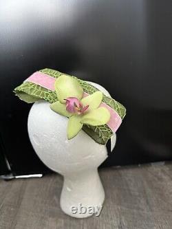 New Handmade Designer Fascinator Headband Green Pink Velvet Bow Floral Orchid