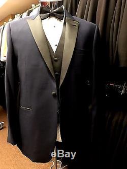 New Navy 40R Midnight Blue Black Peak Lapel Tuxedo Slim Fit FREE Vest & Bow Tux
