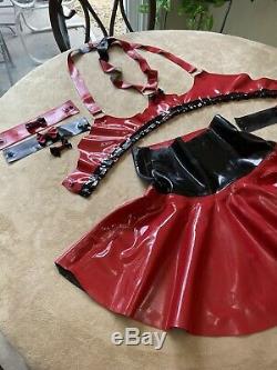 New REVERSABLE Complete 100% LATEX Outfit Open Bust Swing Skirt Collar Cuffs Bow