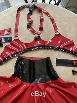 New REVERSABLE Complete 100% LATEX Outfit Open Bust Swing Skirt Collar Cuffs Bow