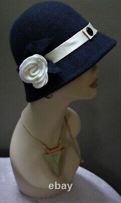 New hand made women's Cloche hat by Alexander & Hallatt in Navy in 100% wool