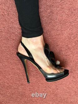 Nicholas Kirkwood Clear PVC/Black Satin Bow Ruffle Swarovski Crystal Heel Sandal