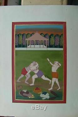 Old Handmade Water Color Painting Miniature Indian Boys Wrestling Bow Arrow