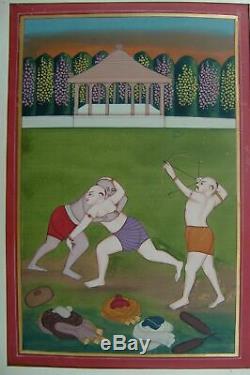 Old Handmade Water Color Painting Miniature Indian Boys Wrestling Bow Arrow