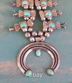 Old Vintage Native American Silver Turquoise Box Bow Squash Blossom Necklace