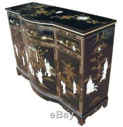 Oriental Chinese Black Lacquer Bow Front Sideboard Mother of Pearl Inlaid