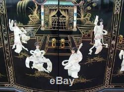 Oriental Chinese Black Lacquer Bow Front Sideboard Mother of Pearl Inlaid