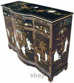 Oriental Chinese Black Lacquer Bow Front Sideboard with Mother of Pearl Inlay
