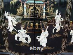 Oriental Chinese Black Lacquer Bow Front Sideboard with Mother of Pearl Inlay