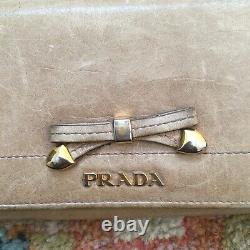 PRADA Beige Tan Brown Leather Long Zip Wallet Bow Gold Hardware