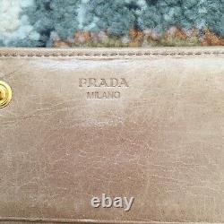 PRADA Beige Tan Brown Leather Long Zip Wallet Bow Gold Hardware