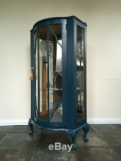 Painted Blue Vintage Bow Fronted Gin Cabinet / Display Cabinet Farrow and Ball