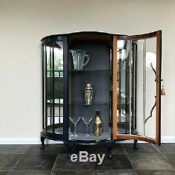 Painted Vintage Bow Fronted Glass Display Cabinet / Gin Cabinet in Basalt