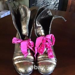 Papucei Handmade Bronze with Pink Velvet Lace-Up Steampunk Granny Booties (38)