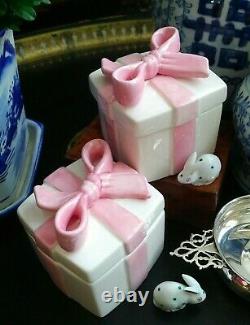 Preppy and Posh Rare Grandmillennial Porcelain Pink Ribbon Bow Lid Ink Box Pair
