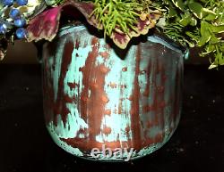 Pretty Floral Design Potted in Metal Turquoise Planter With Mackenzie Childs Bow