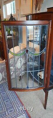 Quality Antique Edwardian Stained Glass Bow Front, Hand Painted Cupboard/Cabinet