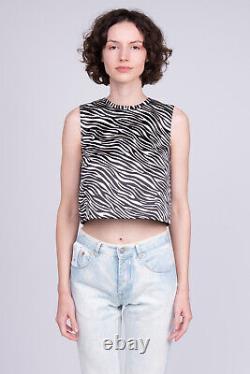 RRP400 MSGM Satin Cropped Top US10 IT44 L Zebra Pattern Crew Neck Made in Italy