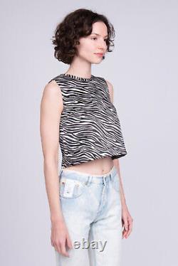 RRP400 MSGM Satin Cropped Top US10 IT44 L Zebra Pattern Crew Neck Made in Italy