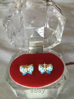 Rare Gorgeous Italian Stamped 18K Solid Yellow Gold bow enamel Girls Earings! WOW