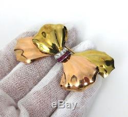 Retro 0.25ct Diamond & 0.40ct Ruby 14K Rose & Yellow Gold Hand Made Bow Brooch