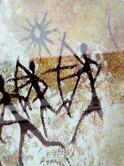 Richard Satava 1996 Petroglyph Cave, warriors with bows, signed glass paperweight