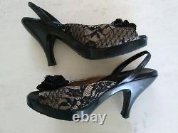 Salpy $489 Handmade USA Leather Slingback Heels Bows Lace Peep Toe Size 9.5 Mint