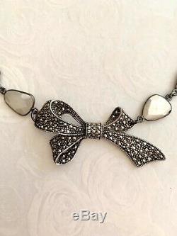 Silver Mystic Moonstone Bezel Set Necklace With Vintage Sterling Marcasite Bow