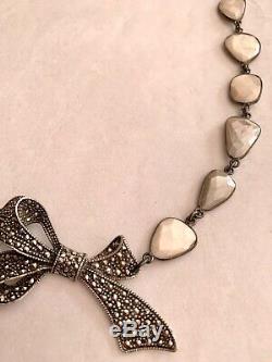 Silver Mystic Moonstone Bezel Set Necklace With Vintage Sterling Marcasite Bow