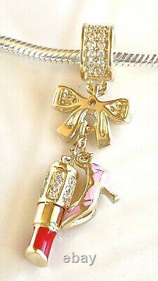 Solid 14k Yellow Gold & Hand-Enamel Lipstick, Shoe, Bow Charm for Bracelets, New