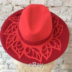 Stasha Chimbur Hat Handmade Red Orange Wool Wide Brim Cut Wool Leaves Bow 7 1/2