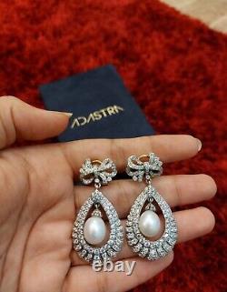 Sterling Vintage Style Bow Design Pearl Dangle Earrings 925 Silver CZ Jewelry