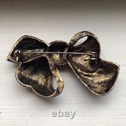 Stunning Bronze Metal Coloured With Black Crystals Bow Brooch Pin Immaculate