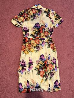 Suzannah London Yellow Gold/Blue Floral Silk 1940s Bow Tie Front Tea Dress 10