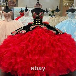 Sweet 16 Embroidered Quinceanera Dresses Velvet Corset Tiered Ruffle Ball Gowns