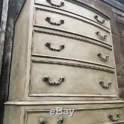 Tall Vintage Grey Country Gustavian Style Bow Fronted Tallboy Chest of Drawers