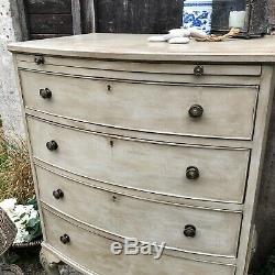 Tall Vintage Grey Painted Country Style Bow Fronted Chest of Drawers Lion Feet
